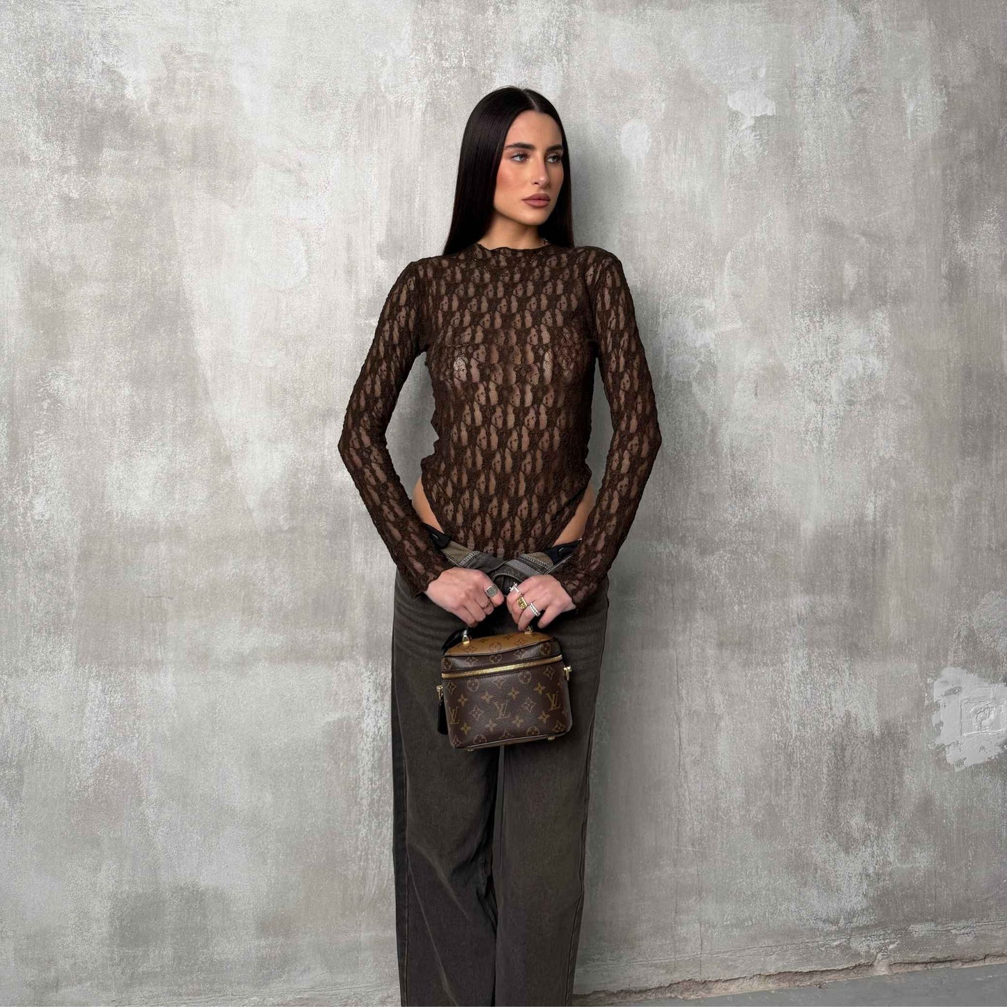 Maglia in pizzo marrone